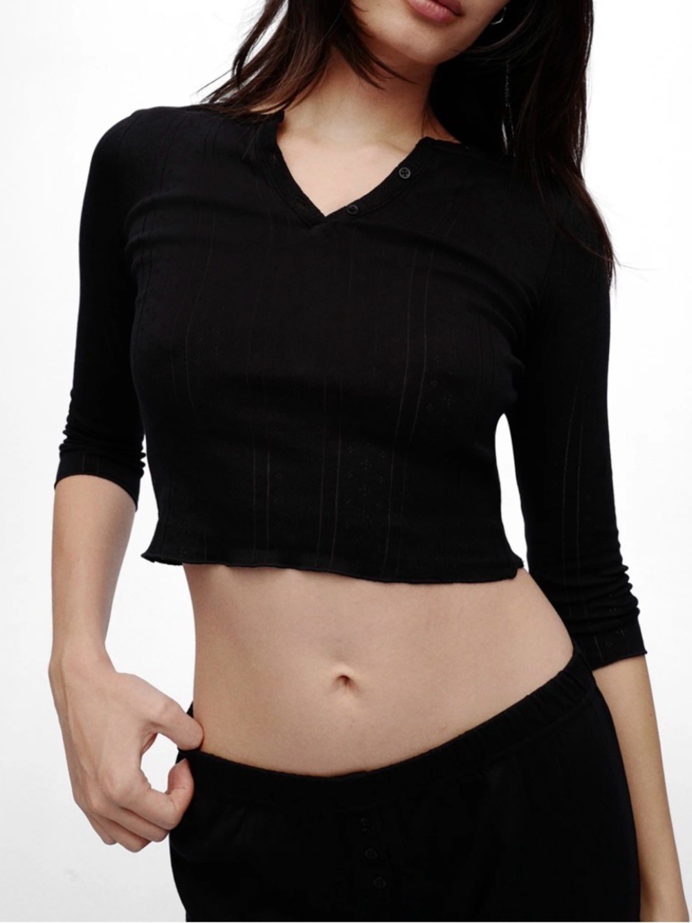 Ribbed Black V-Neck Crop Top with Snap Detail - Women's